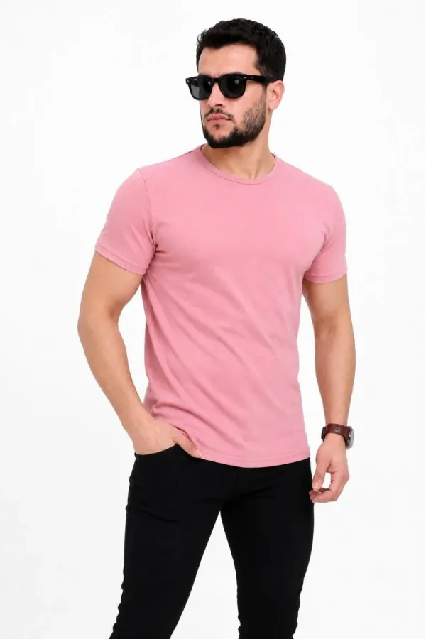 Erkek Basic Tişört Bisiklet Yaka Kısa Kol Günlük Yazlık Slim fit T-Shirt - Pembe