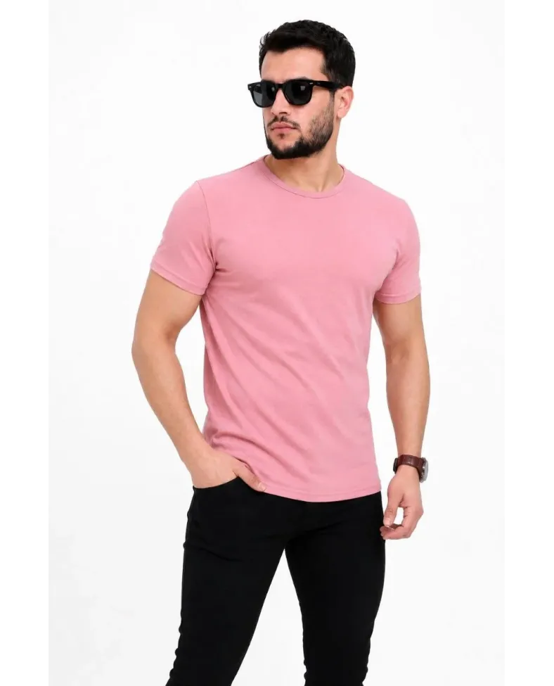 Erkek Basic Tişört Bisiklet Yaka Kısa Kol Günlük Yazlık Slim fit T-Shirt - Pembe