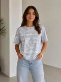 Kadın Batik Desenli Tişört Bisiklet Yaka Kısa Kol Regular Fit T-shirt - Gri