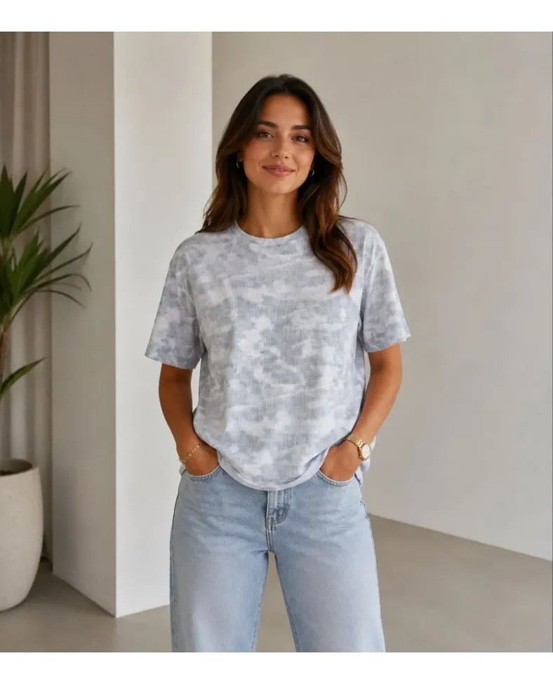 Kadın Batik Desenli Tişört Bisiklet Yaka Kısa Kol Regular Fit T-shirt - Gri