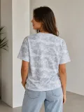 Kadın Batik Desenli Tişört Bisiklet Yaka Kısa Kol Regular Fit T-shirt - Gri