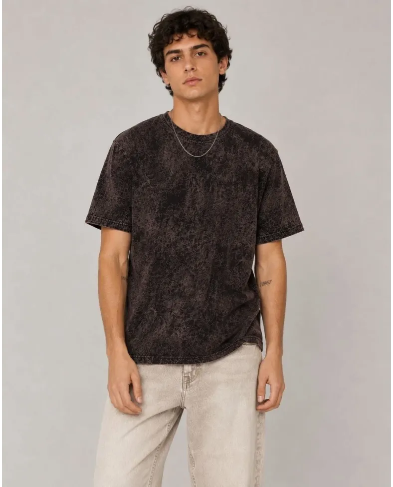 Erkek Yıkamalı Washed Effect Tişört Bisiklet Yaka Sokak Stil Kısa Kol T-Shirt - Füme
