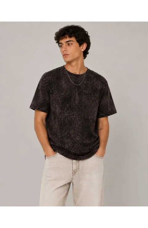 Erkek Yıkamalı Washed Effect Tişört Bisiklet Yaka Sokak Stil Kısa Kol T-Shirt - Füme