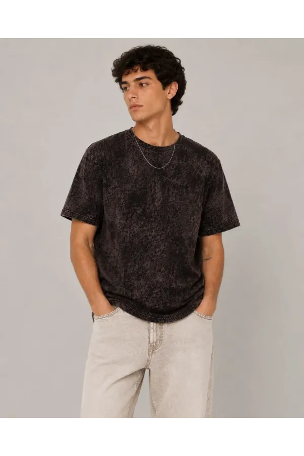 Erkek Yıkamalı Washed Effect Tişört Bisiklet Yaka Sokak Stil Kısa Kol T-Shirt - Füme