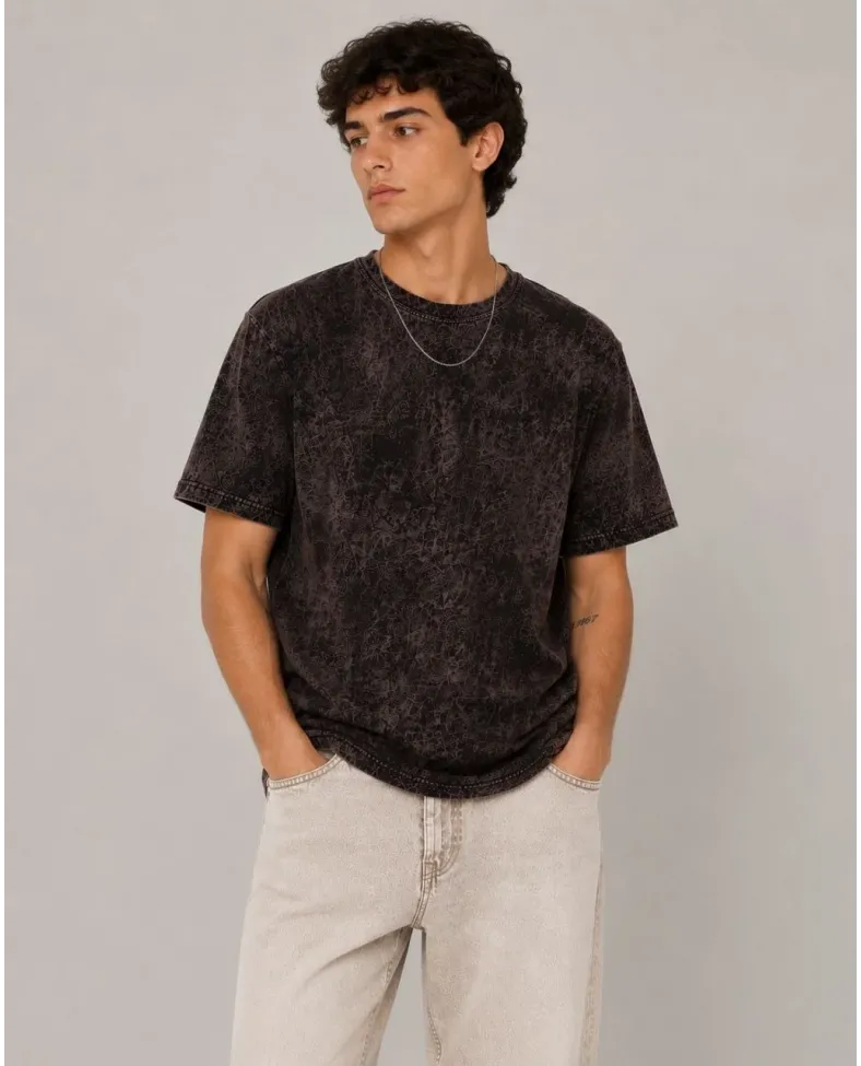 Erkek Yıkamalı Washed Effect Tişört Bisiklet Yaka Sokak Stil Kısa Kol T-Shirt - Füme