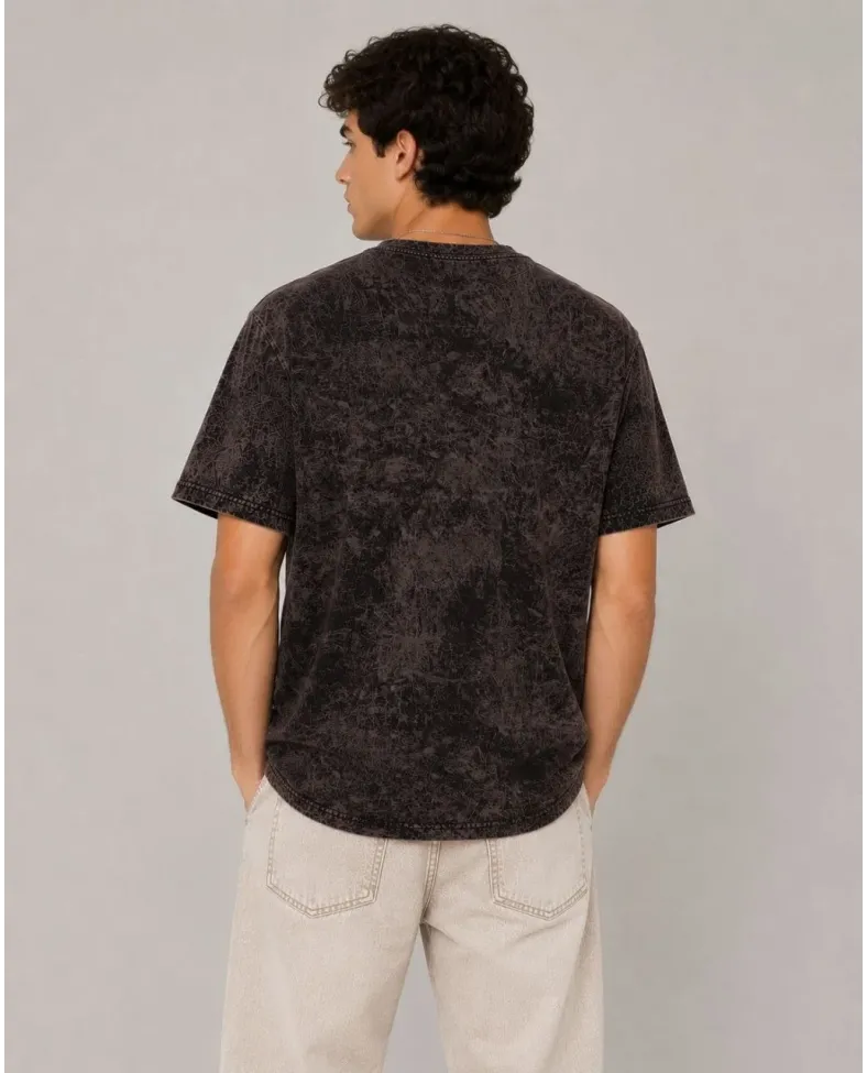 Erkek Yıkamalı Washed Effect Tişört Bisiklet Yaka Sokak Stil Kısa Kol T-Shirt - Füme