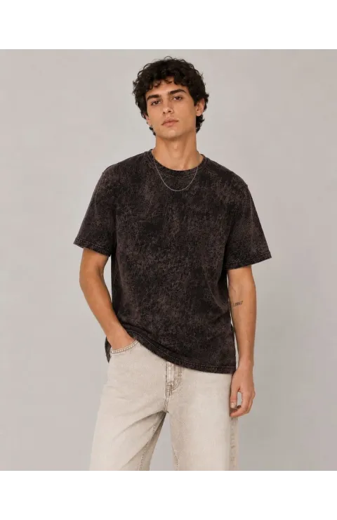 Erkek Yıkamalı Washed Effect Tişört Bisiklet Yaka Sokak Stil Kısa Kol T-Shirt - Füme
