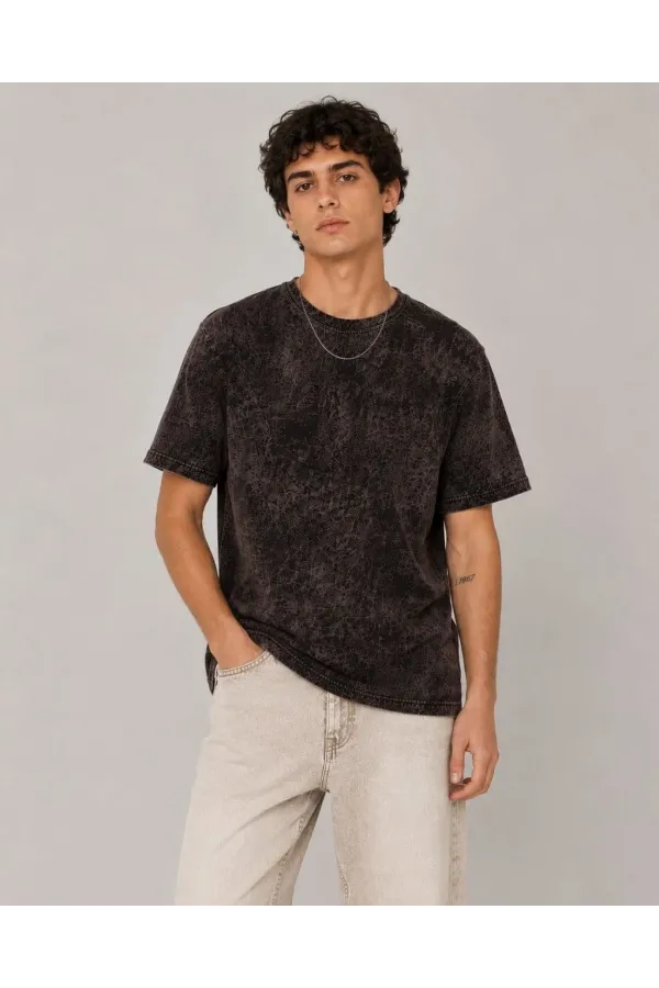 Erkek Yıkamalı Washed Effect Tişört Bisiklet Yaka Sokak Stil Kısa Kol T-Shirt - Füme