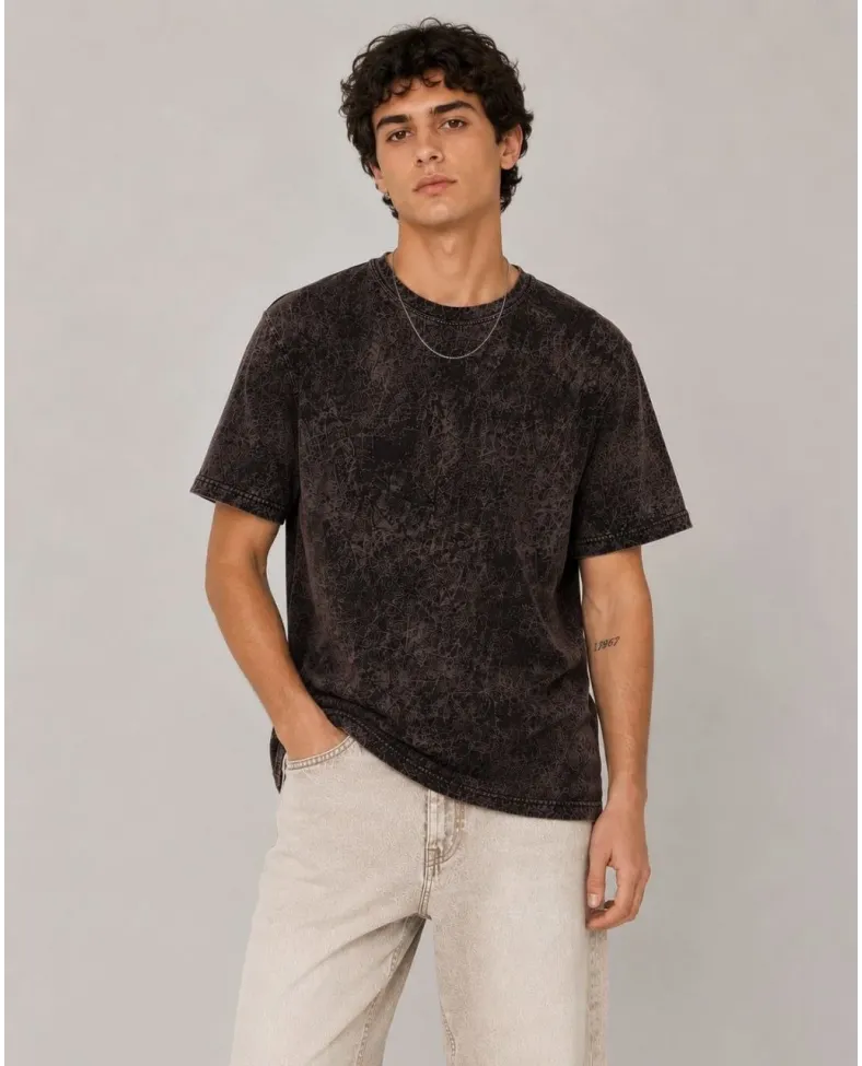 Erkek Yıkamalı Washed Effect Tişört Bisiklet Yaka Sokak Stil Kısa Kol T-Shirt - Füme