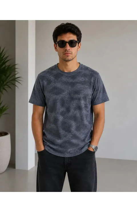 Erkek Batik Desenli Tişört Bisiklet Yaka Kısa Kol Regular Fit T-shirt - Füme