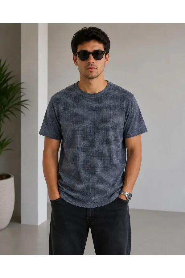 Erkek Batik Desenli Tişört Bisiklet Yaka Kısa Kol Regular Fit T-shirt - Füme