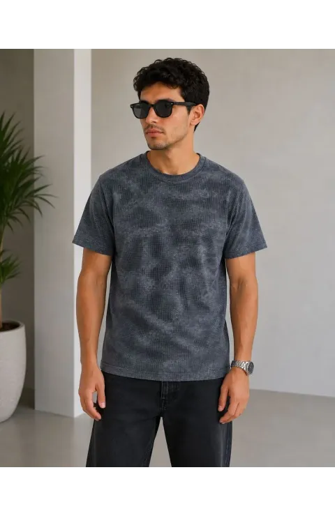 Erkek Batik Desenli Tişört Bisiklet Yaka Kısa Kol Regular Fit T-shirt - Füme