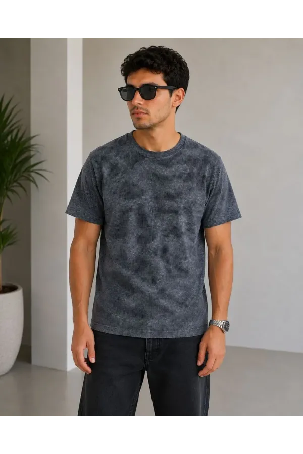 Erkek Batik Desenli Tişört Bisiklet Yaka Kısa Kol Regular Fit T-shirt - Füme