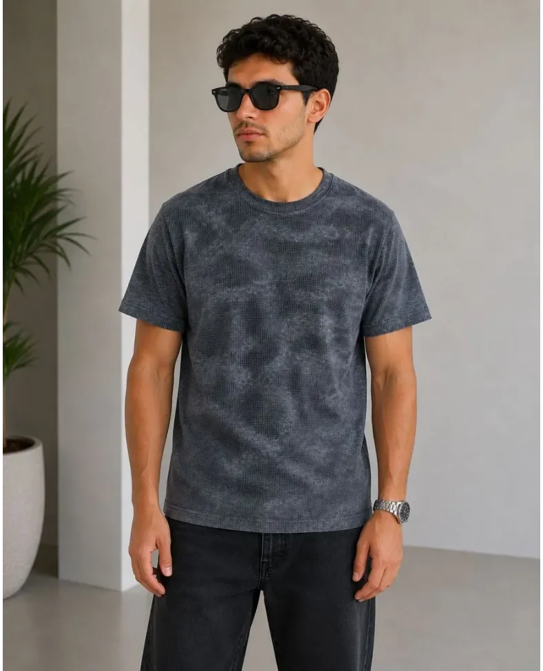 Erkek Batik Desenli Tişört Bisiklet Yaka Kısa Kol Regular Fit T-shirt - Füme
