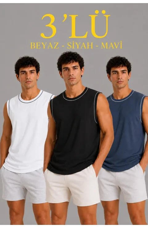 Erkek 3’lü Kolsuz Sporcu Atlet Seti Yazlık Bisiklet Yaka - Siyah, Beyaz, İndigo