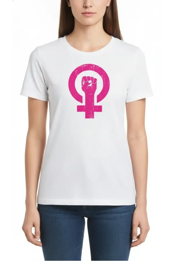 8 Mart Dünya Kadınlar Günü Baskılı Oversize Bisiklet Yaka T-shirt - Beyaz