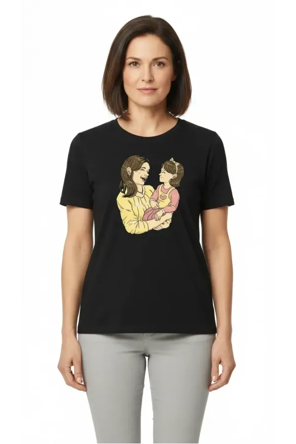 Anneler Günü Hediye Anne Kız Temalı Baskılı Oversize Bisiklet Yaka T-shirt - Siyah
