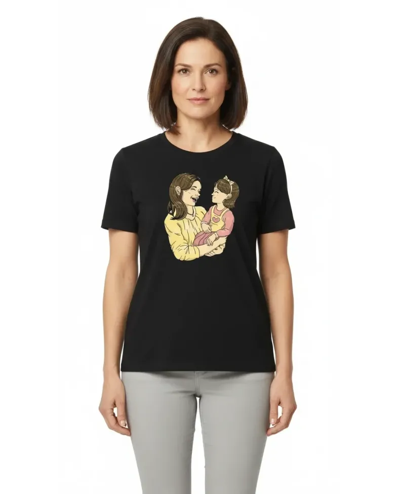 Anneler Günü Hediye Anne Kız Temalı Baskılı Oversize Bisiklet Yaka T-shirt - Siyah