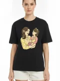 Anneler Günü Hediye Anne Kız Temalı Baskılı Oversize Bisiklet Yaka T-shirt - Siyah