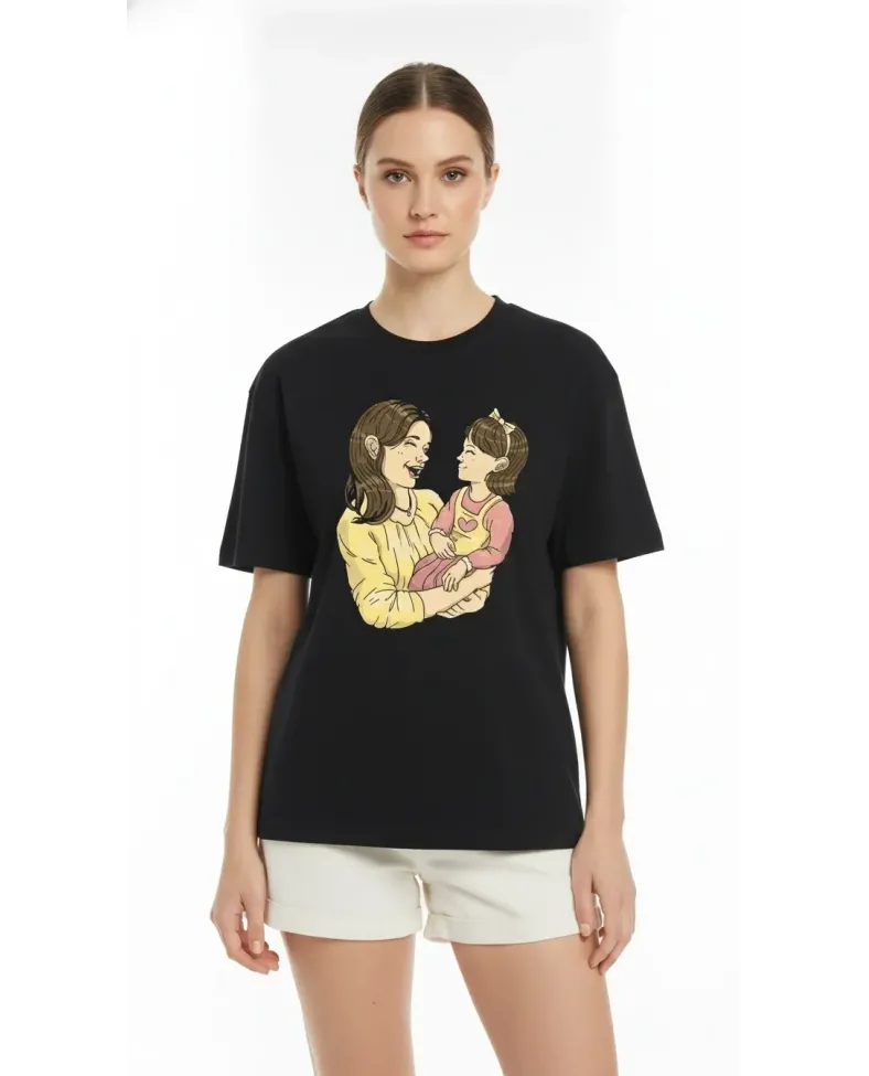 Anneler Günü Hediye Anne Kız Temalı Baskılı Oversize Bisiklet Yaka T-shirt - Siyah