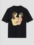 Anneler Günü Hediye Anne Kız Temalı Baskılı Oversize Bisiklet Yaka T-shirt - Siyah