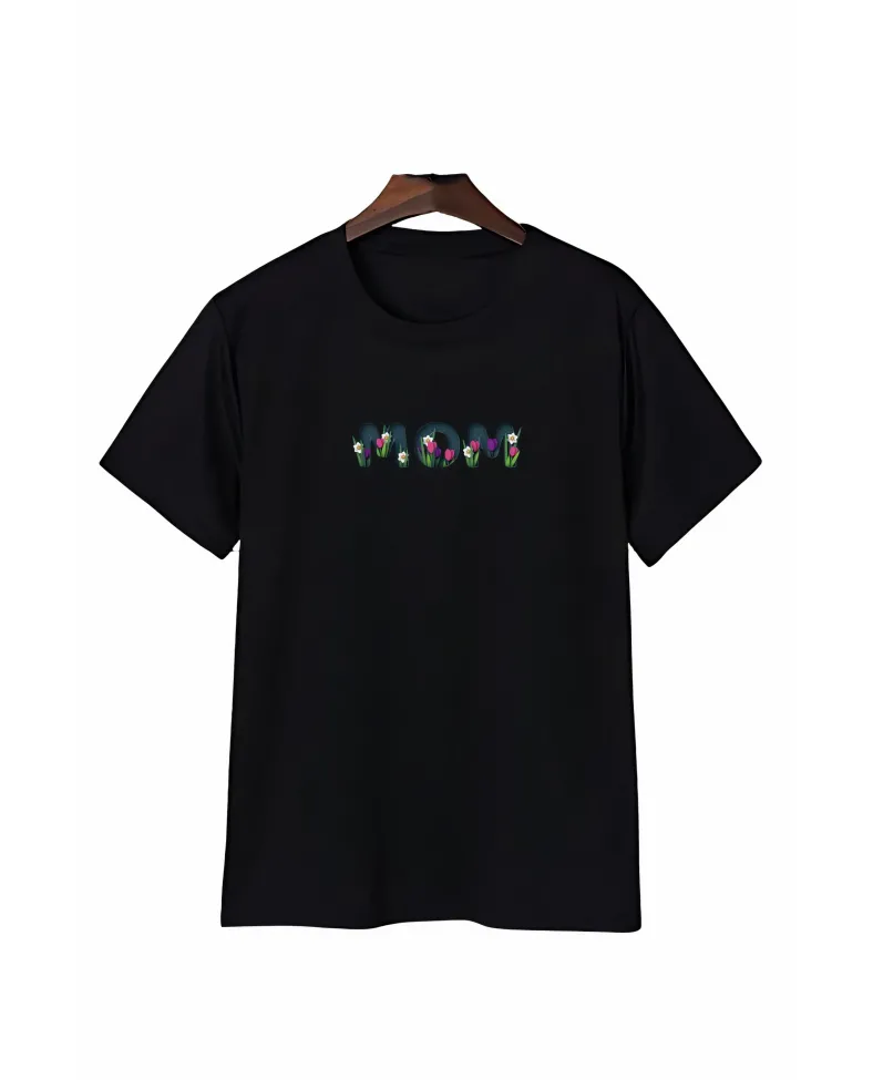 Anneler Gününe Özel Tasarım mom Çiçek Baskılı T-shirt - Siyah
