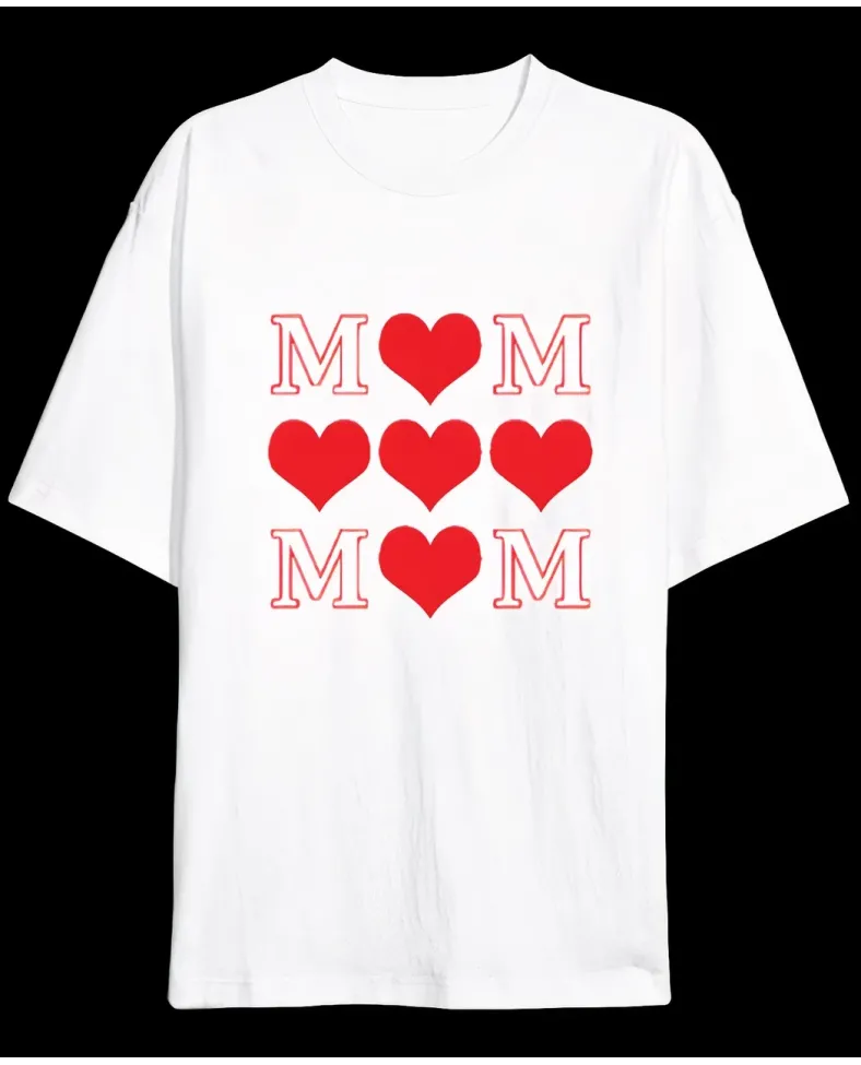 Anneler Gününe Özel Tasarım MOM Kalp Baskılı T-shirt - Beyaz