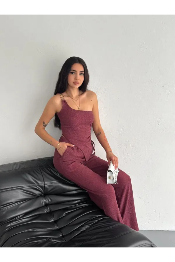 Asimetrik Crop Pantalon ikili Takım - Gül Kurusu