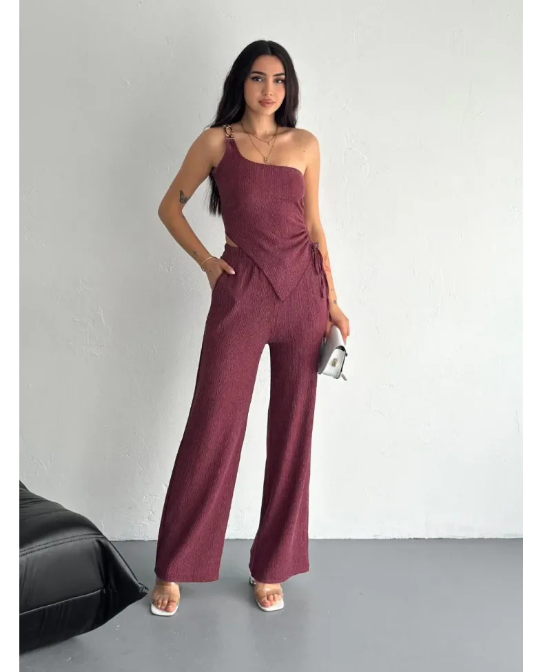 Asimetrik Crop Pantalon ikili Takım - Gül Kurusu