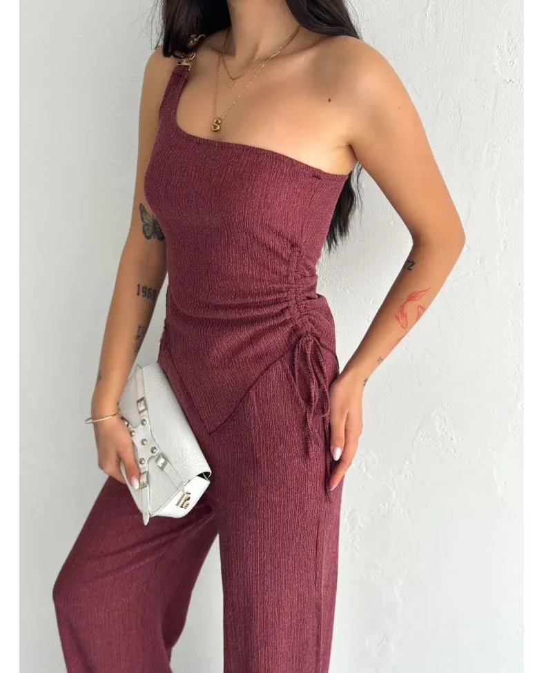 Asimetrik Crop Pantalon ikili Takım - Gül Kurusu