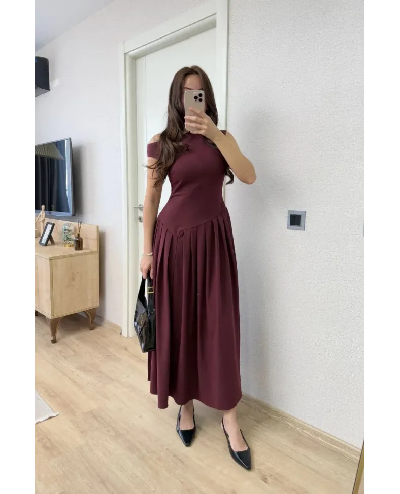 Asimetrik düşük yaka Kolsuz Uzun Elbise - Bordo