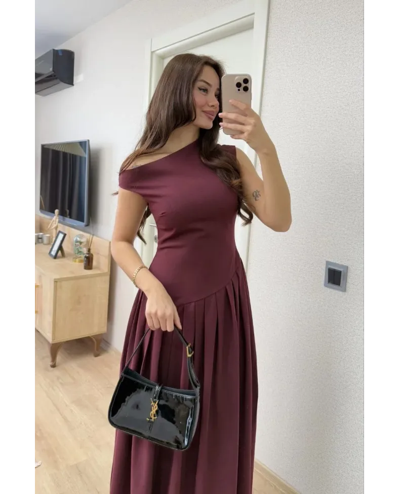 Asimetrik düşük yaka Kolsuz Uzun Elbise - Bordo