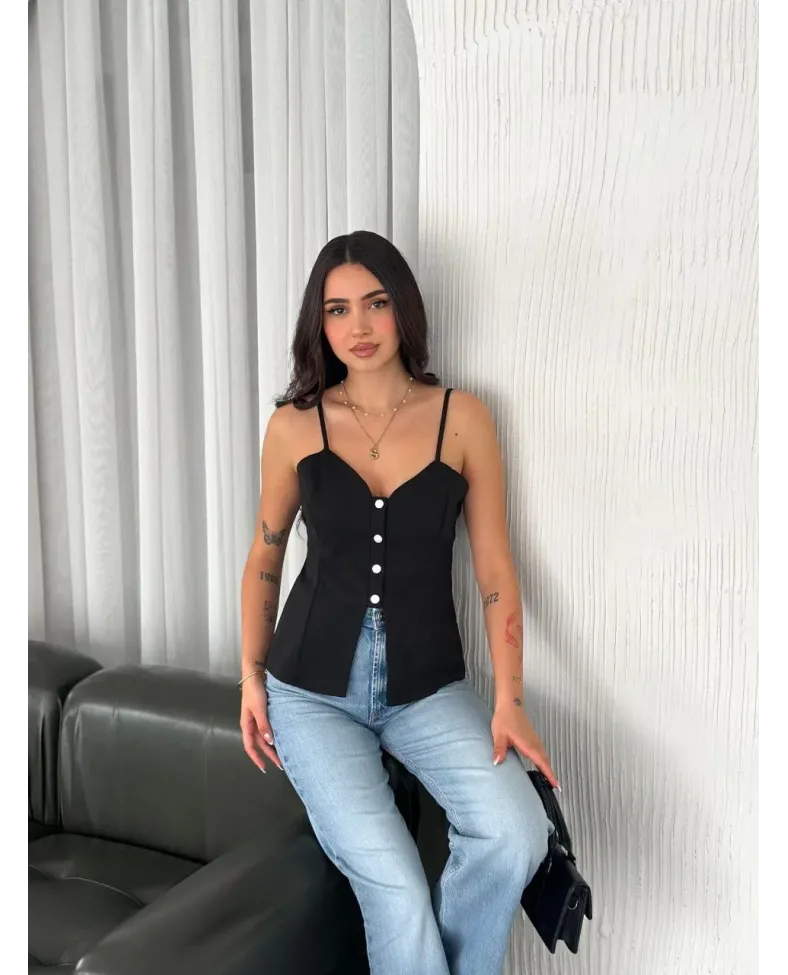 Askılı Dekolte deraylı bluz crop - Siyah