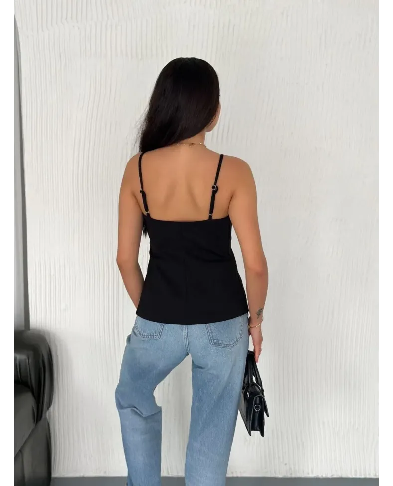 Askılı Dekolte deraylı bluz crop - Siyah