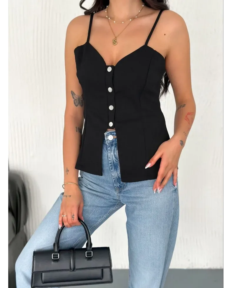 Askılı Dekolte deraylı bluz crop - Siyah