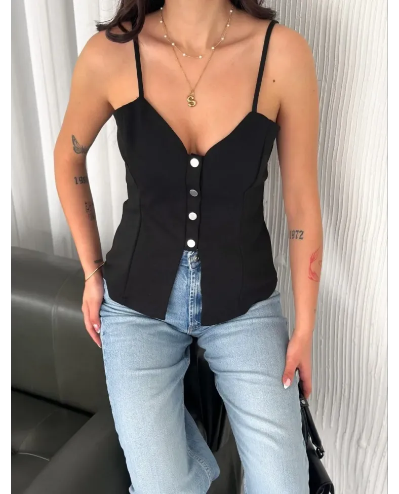 Askılı Dekolte deraylı bluz crop - Siyah