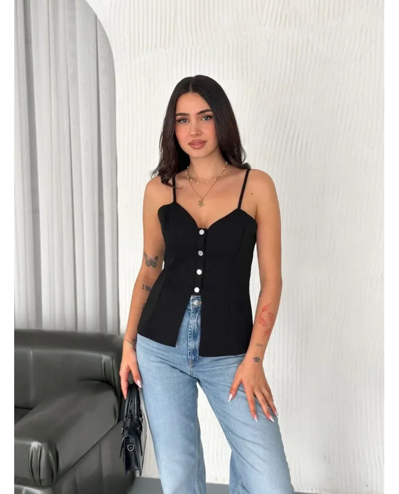 Askılı Dekolte deraylı bluz crop - Siyah