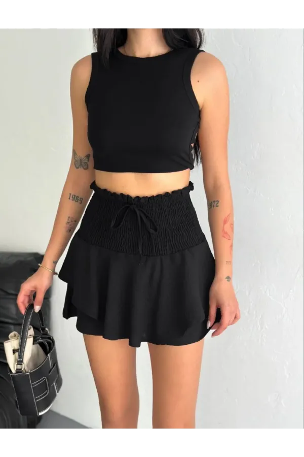Kadın Ayrobin Şortlu Etek - Siyah