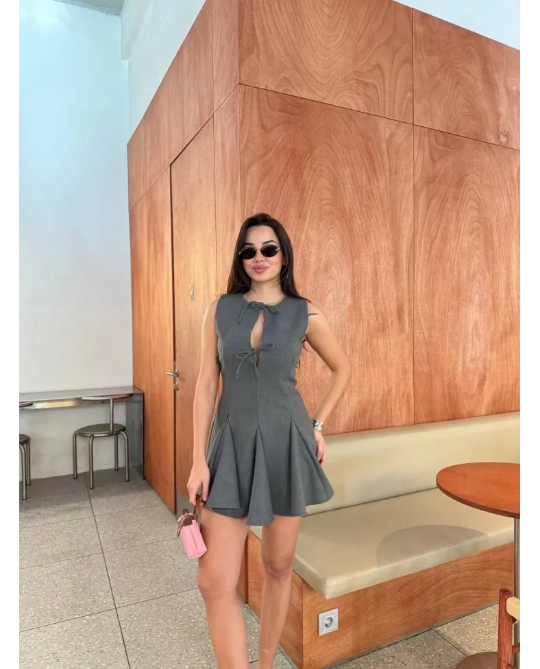 Bağcık detaylı Kolsuz Mini Elbise - Antrasit