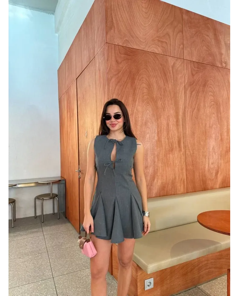 Bağcık detaylı Kolsuz Mini Elbise - Antrasit