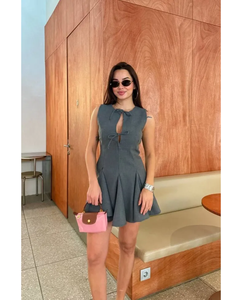 Bağcık detaylı Kolsuz Mini Elbise - Antrasit