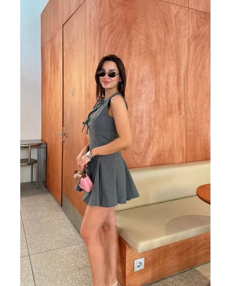 Bağcık detaylı Kolsuz Mini Elbise - Antrasit