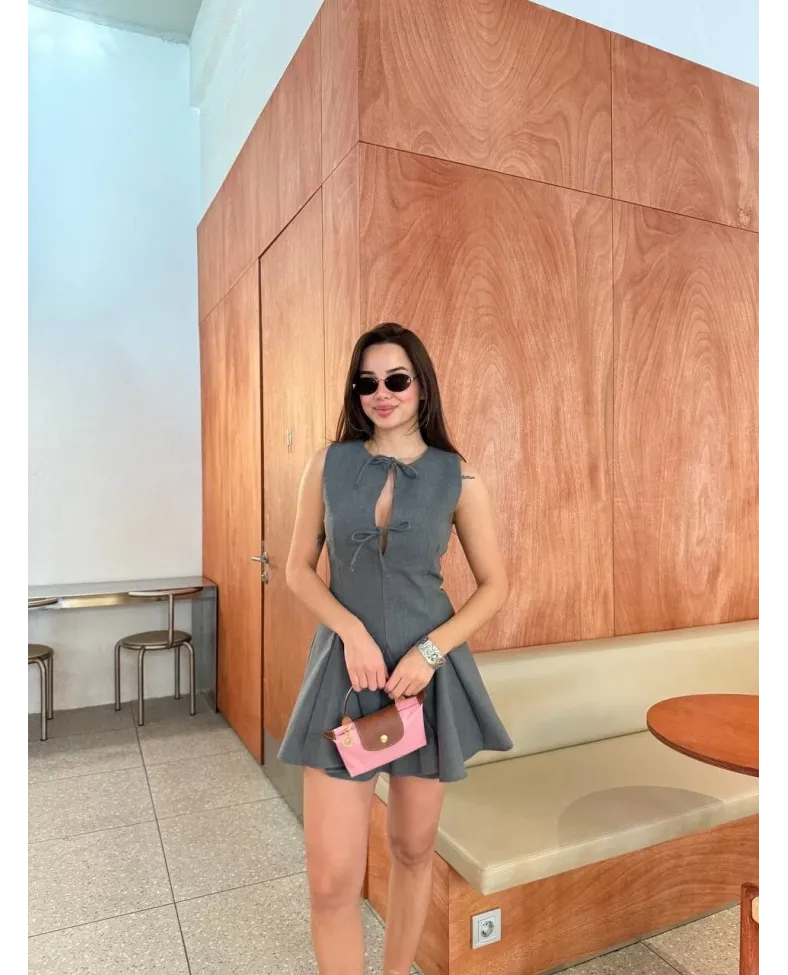 Bağcık detaylı Kolsuz Mini Elbise - Antrasit