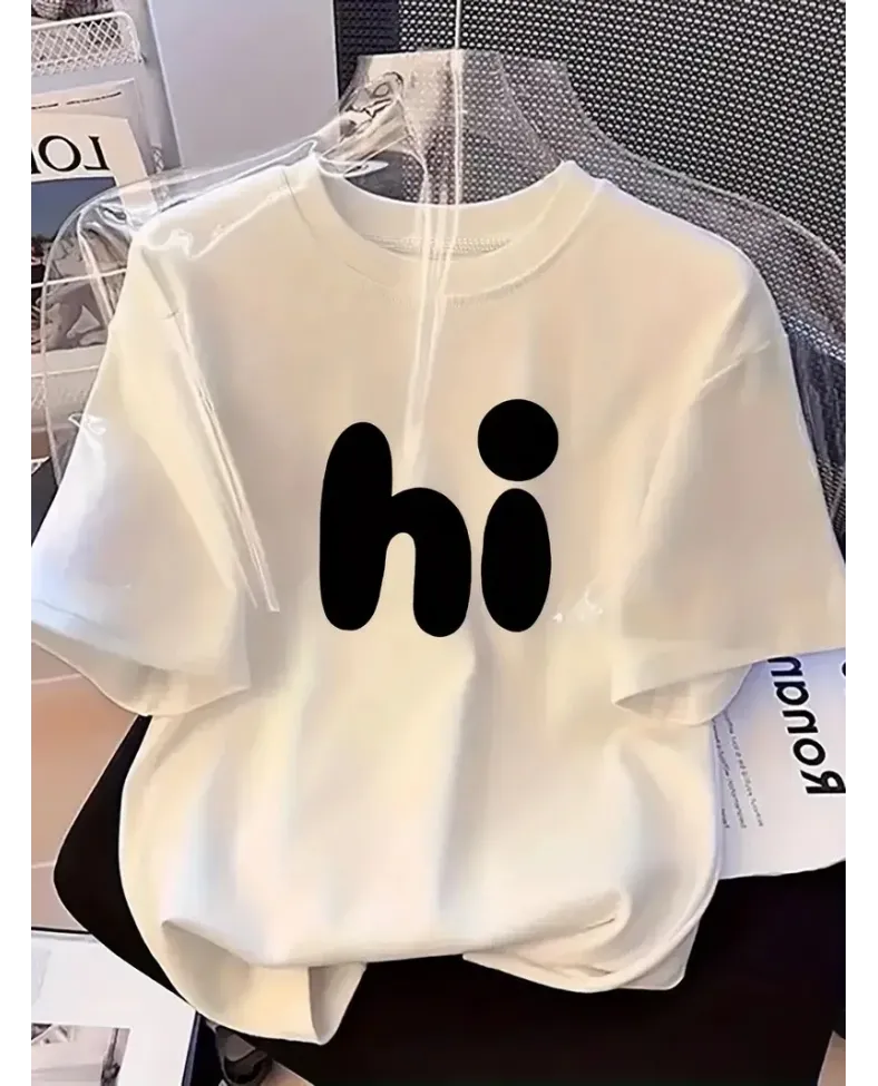 Kadın Bisiklet yaka Baskılı Kısa Kol Yazlık T-shirt - Beyaz