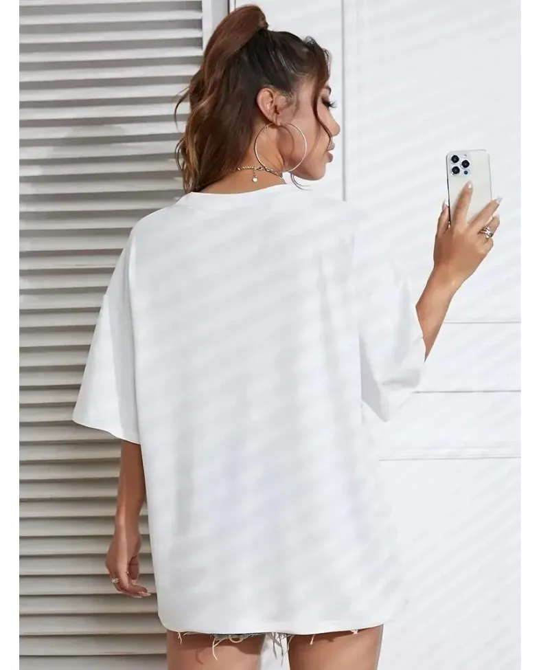 Kadın Penye Compack Baskılı  Kahve Desenli Kadın Kısa Kol T-shirt - Beyaz