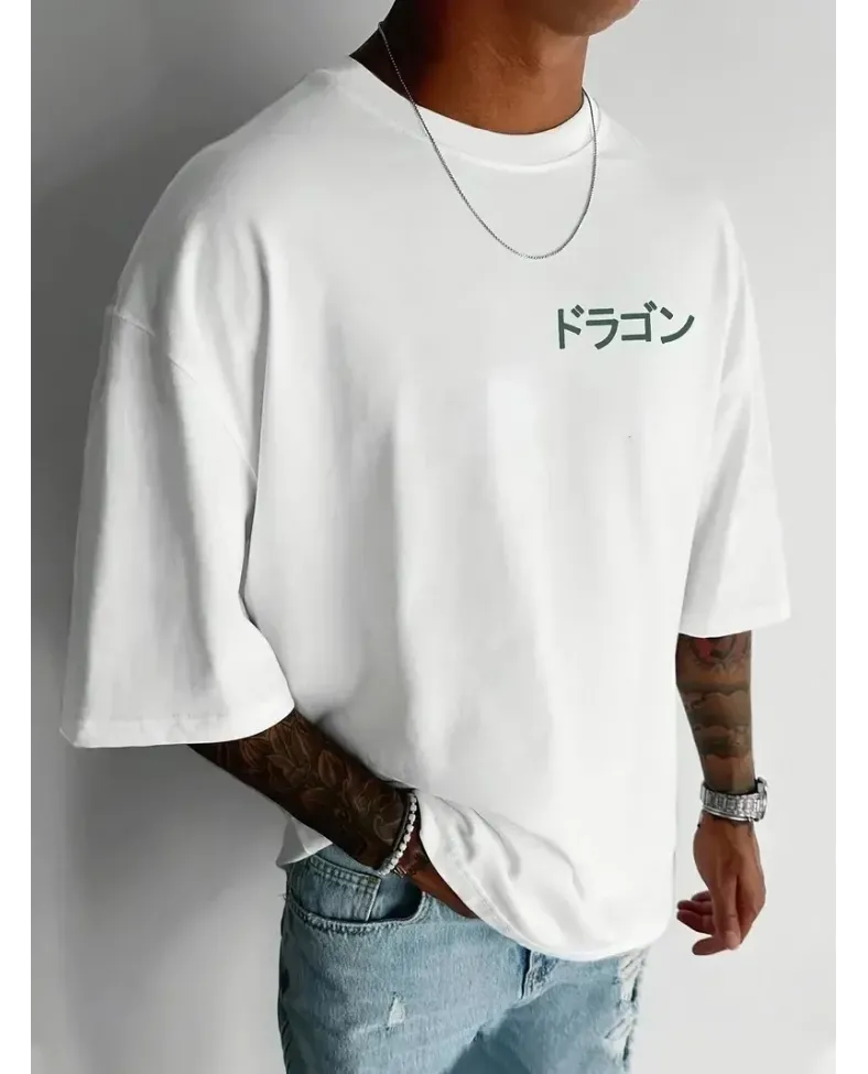 Erkek Penye Compack  Ejder Baskılı Oversize Bisiklet Yaka T-shirt - Beyaz