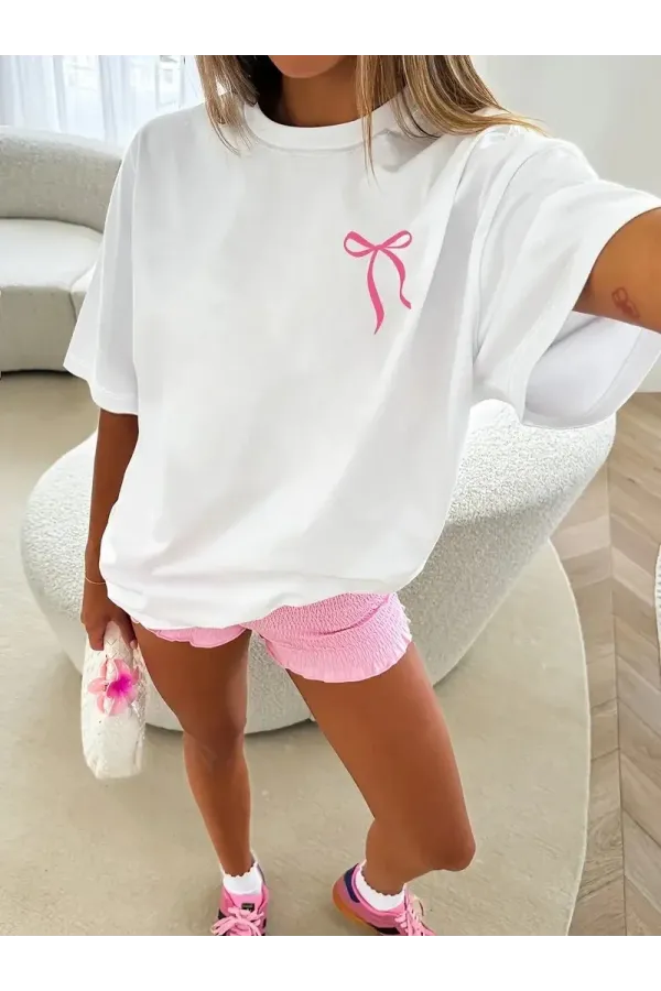 Kadın Fiyonk Baskılı Oversize Bisiklet Yaka T-shirt Yazlık - Beyaz