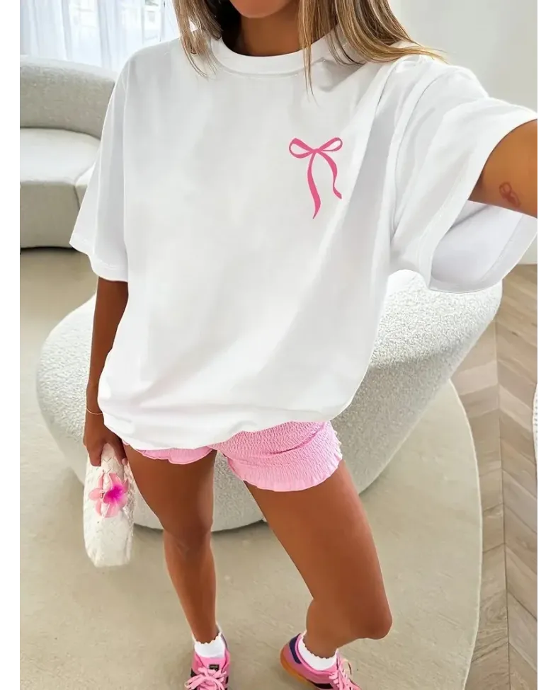 Kadın Fiyonk Baskılı Oversize Bisiklet Yaka T-shirt Yazlık - Beyaz