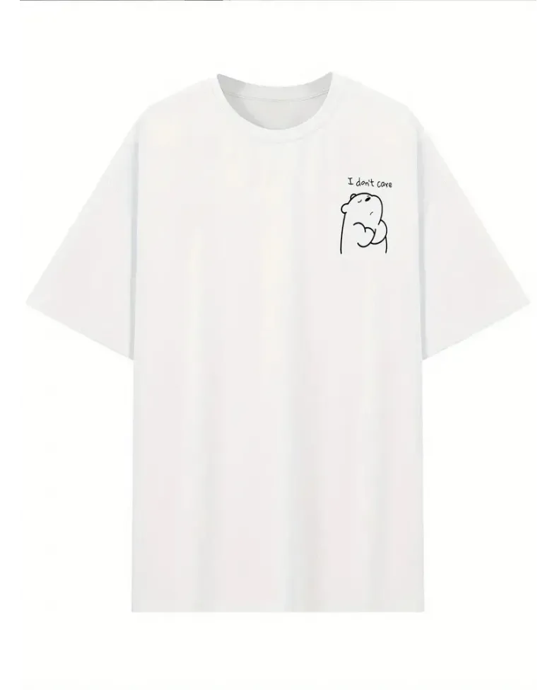 Kadın T-Shirt Kısa Kollu, bisiklet Yaka, Eğlenceli Karikatür Ayı ve "Umrumda Değil" Baskı - Beyaz