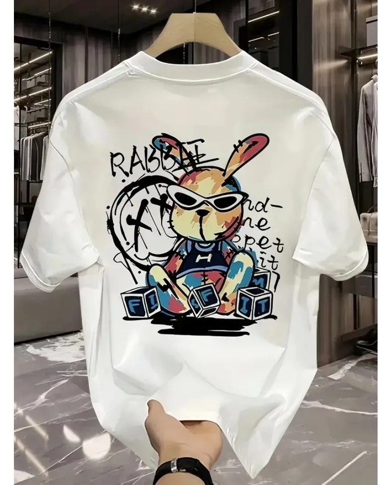 Güneş Gözlüğü Grafikli Karikatür Tavşan Oversize Kısa Kollu Tişört Çift Tişört - Beyaz